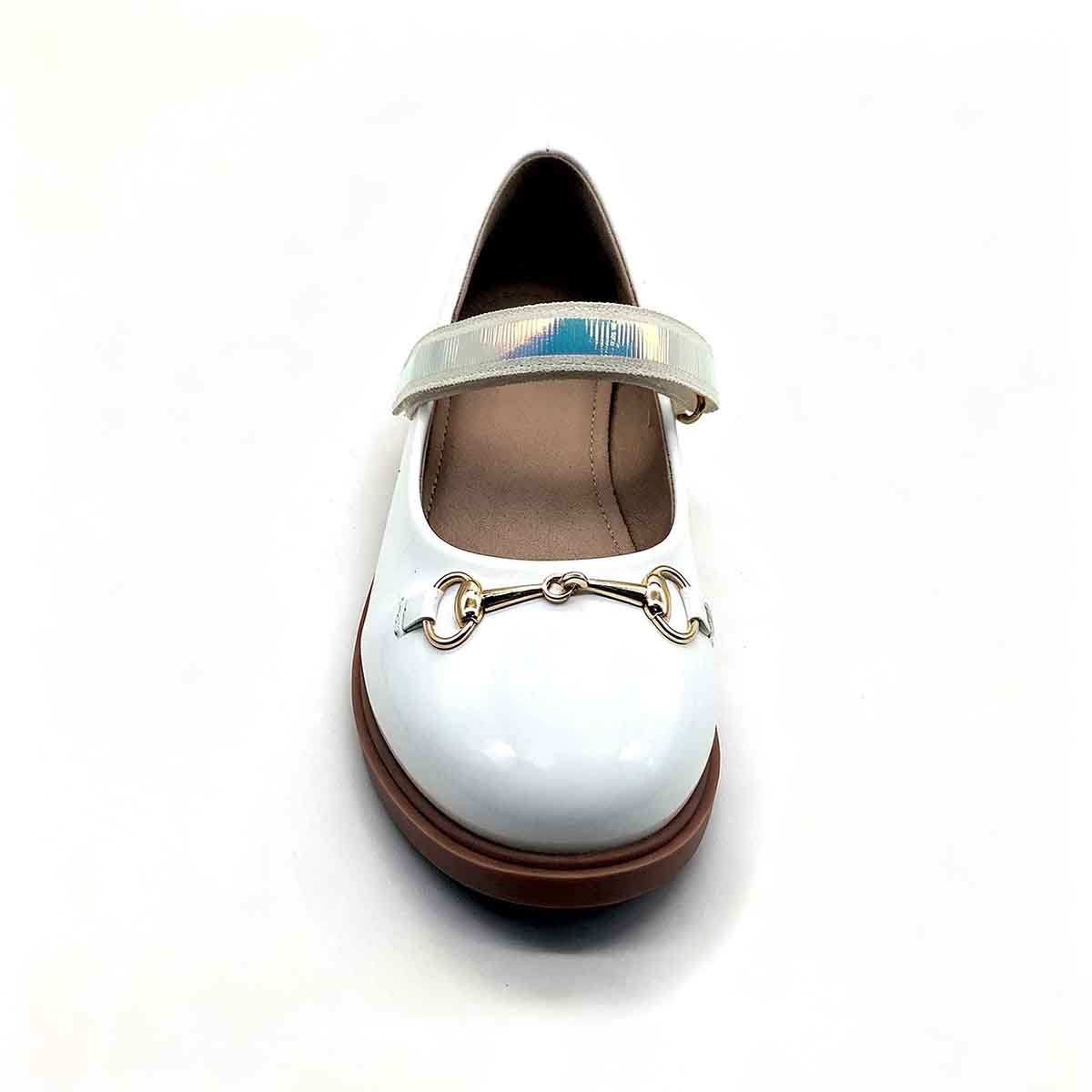 Top view white patent children mary jane shoe with iridescent woven strap