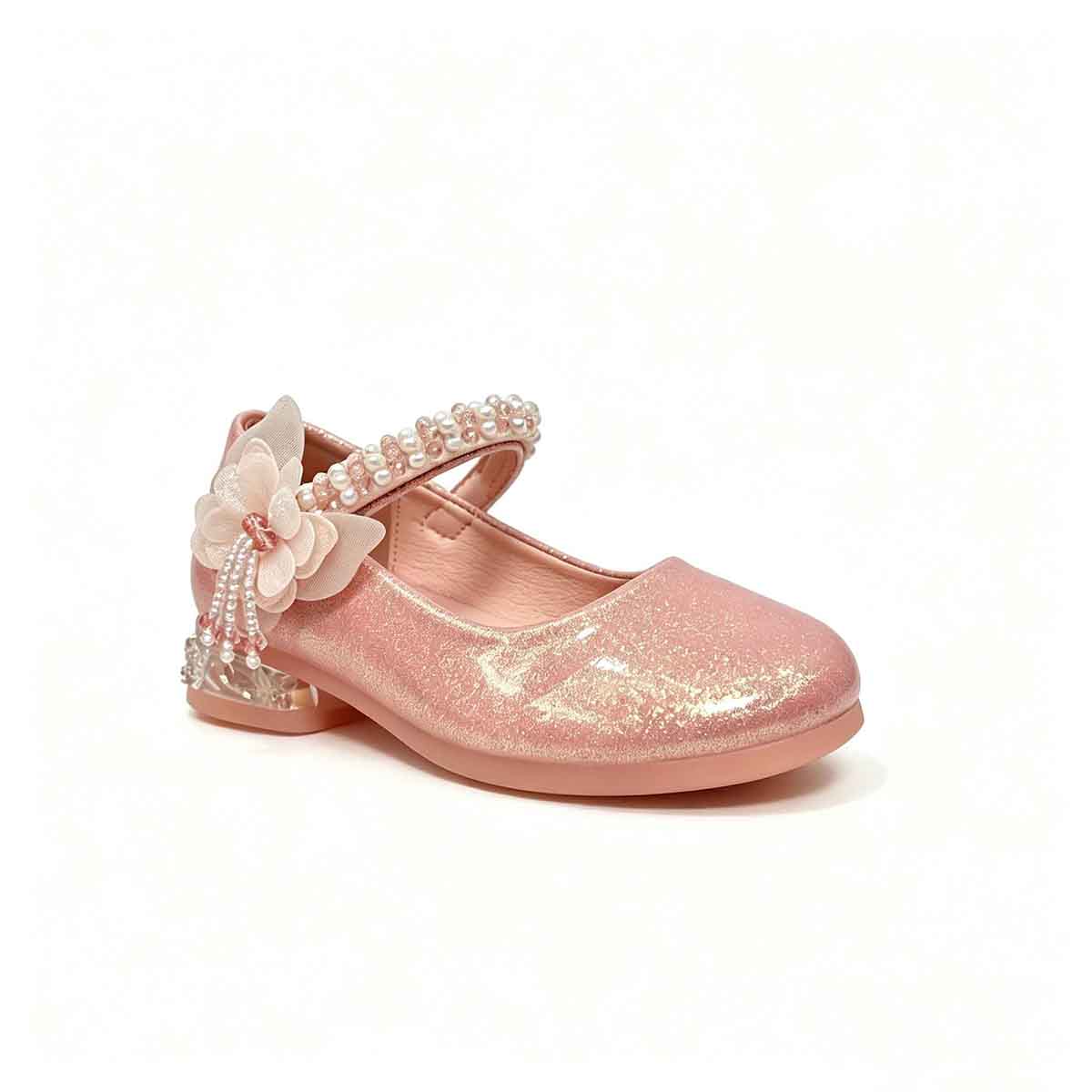 Pink glitter girls princess heel shoe side view with fabric flower and pearl strap