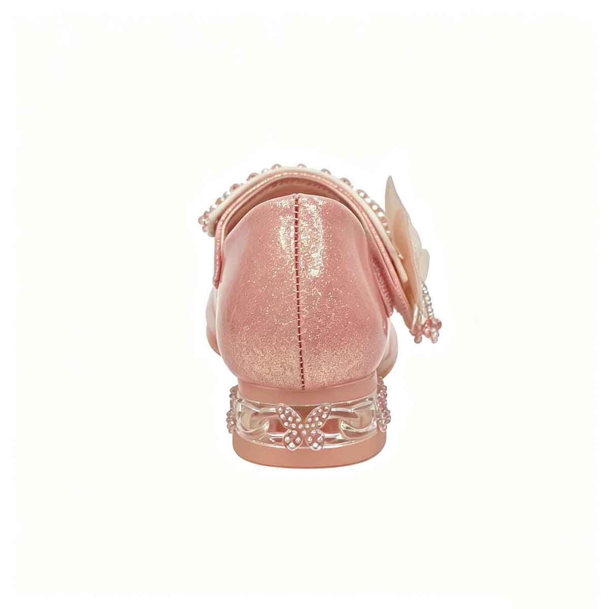 Rear view girls princess dress shoe with transparent crystal butterfly rhinestone heel