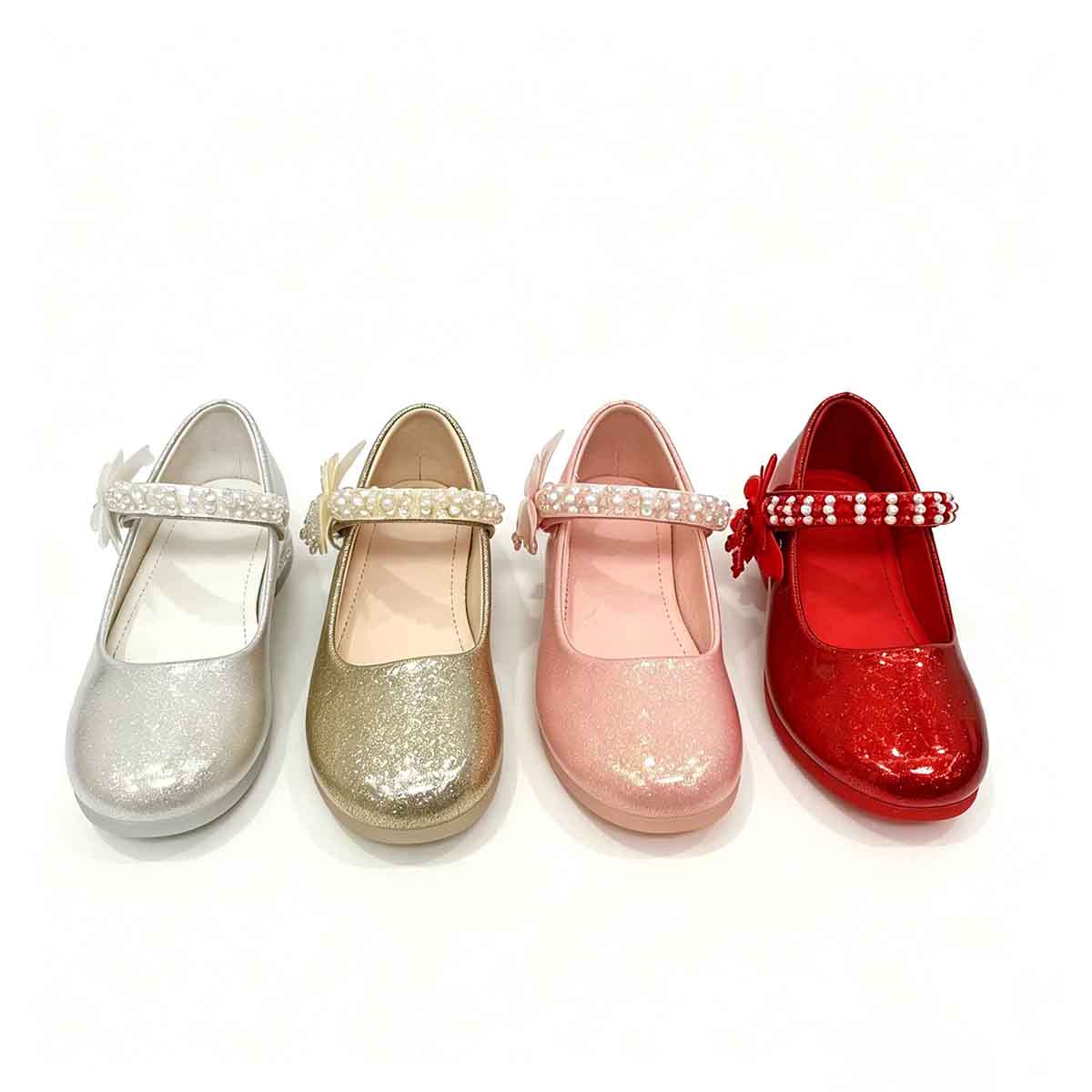 Group photo of four color set girls glitter princess heel party shoes