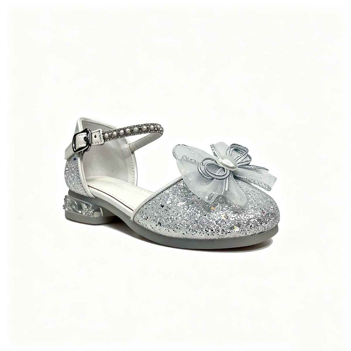Silver glitter girls closed toe sandal heel side view with heart pearl organza bow