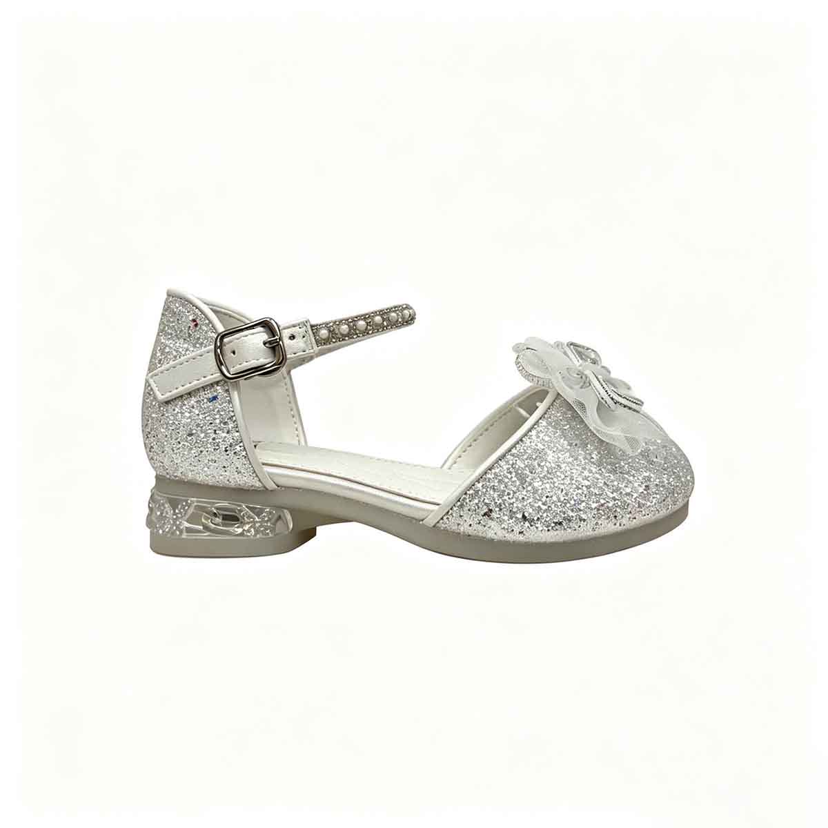 Side profile silver glitter kids princess sandal with pearl rhinestone ankle strap