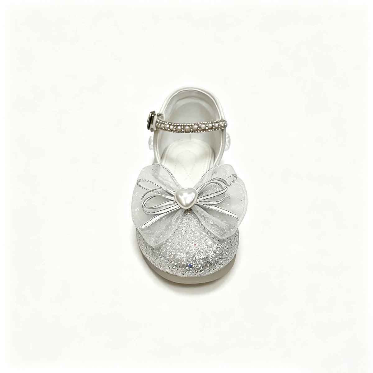Top view silver glitter children closed toe party sandal with heart pearl bow