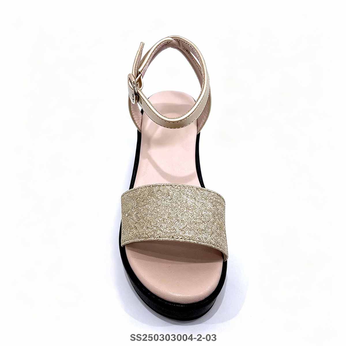 Top down shot of kids wedge sandal with golden glitter single wide vamp strap