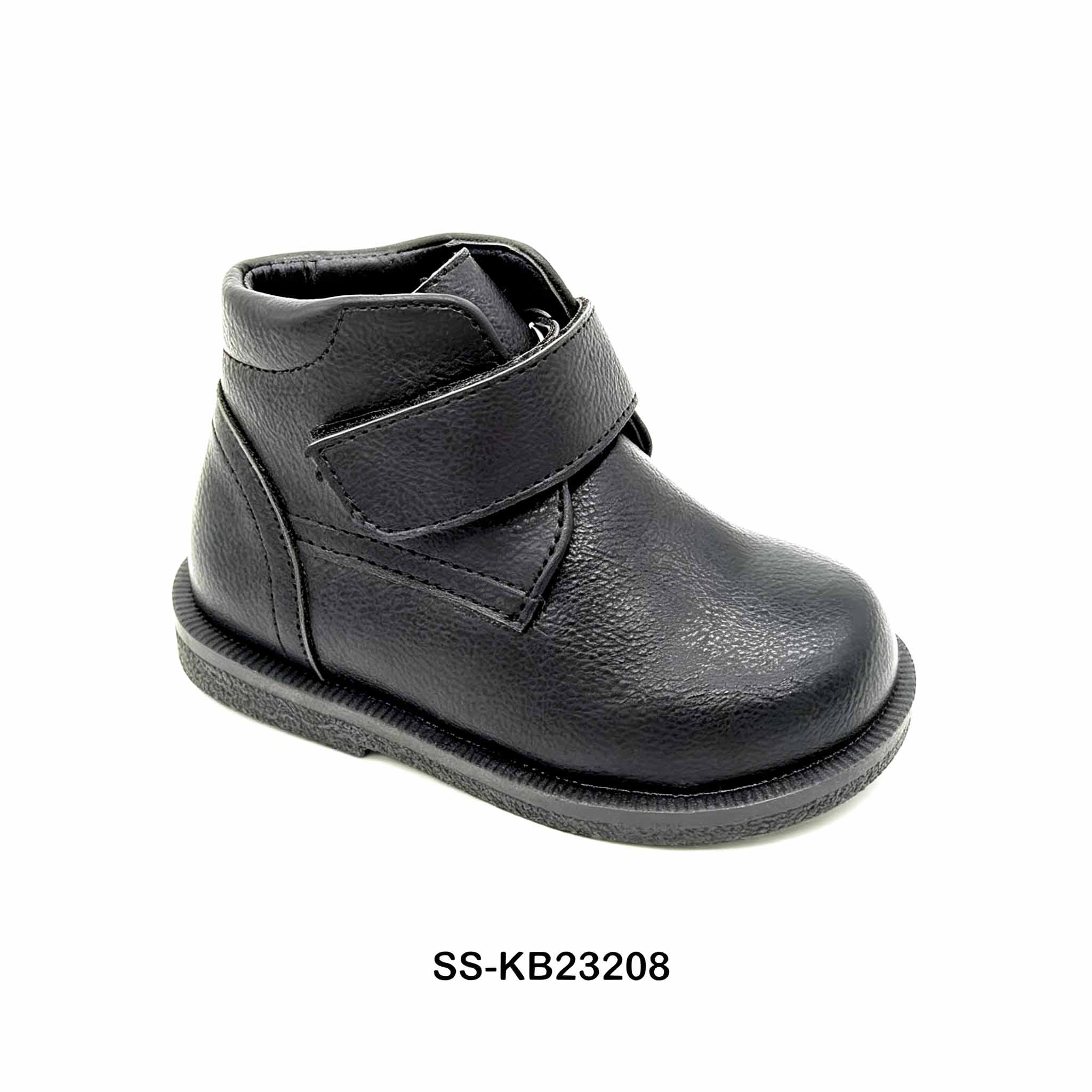 Side view of toddler boys black faux leather ankle boot with single wide hook loop strap