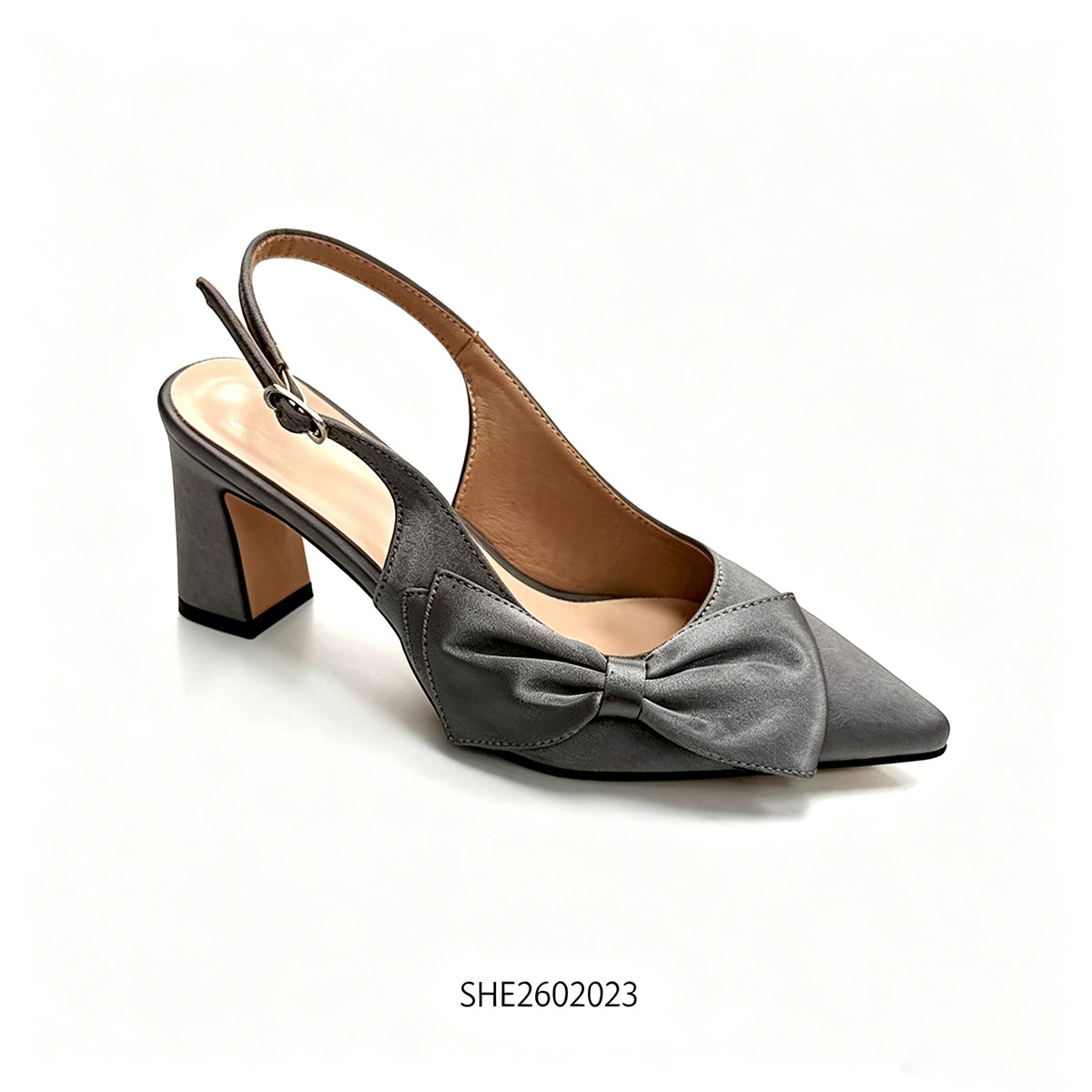 grey satin kids slingback chunky heels with big bow