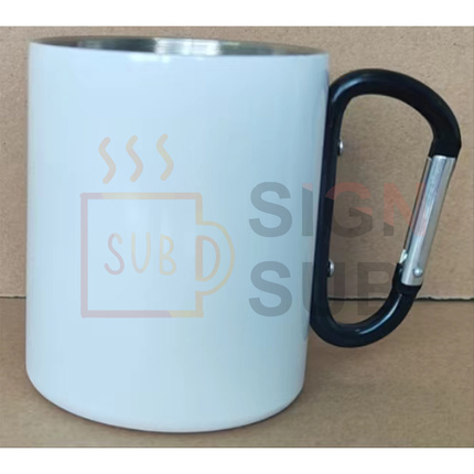 Stainless Steel Mug white body Black Carabiner Handle