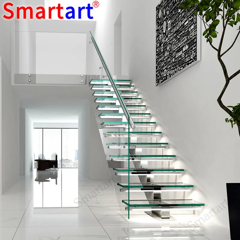 Popular Indoor tempered glass stairs with LED light 