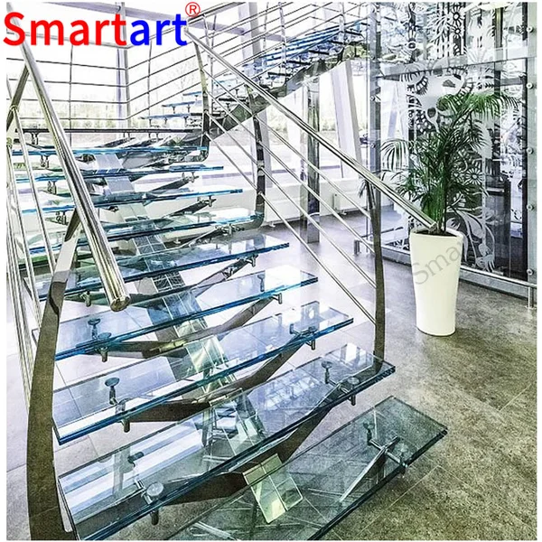 Popular Indoor tempered glass stairs with LED light 