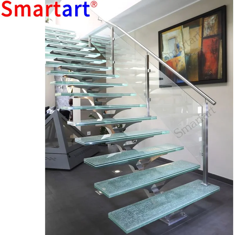 Popular Indoor tempered glass stairs with LED light 