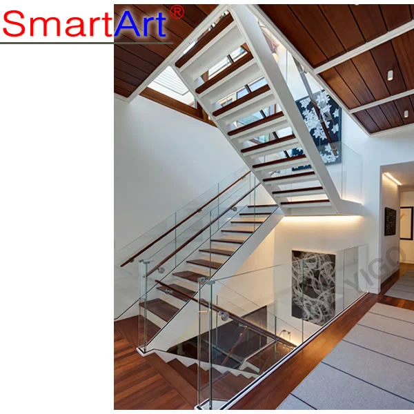 درج داخلي عصري مستقيم مزدوج الأوتار مصنوع من الخشب والفولاذ