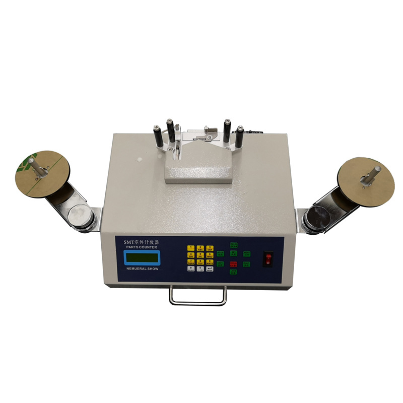 Optional barcode scanner and label printer routing a counted SMD reel quantity into the warehouse system