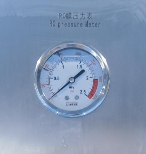 Close-up of the RO pressure Meter gauge on a DI water machine panel