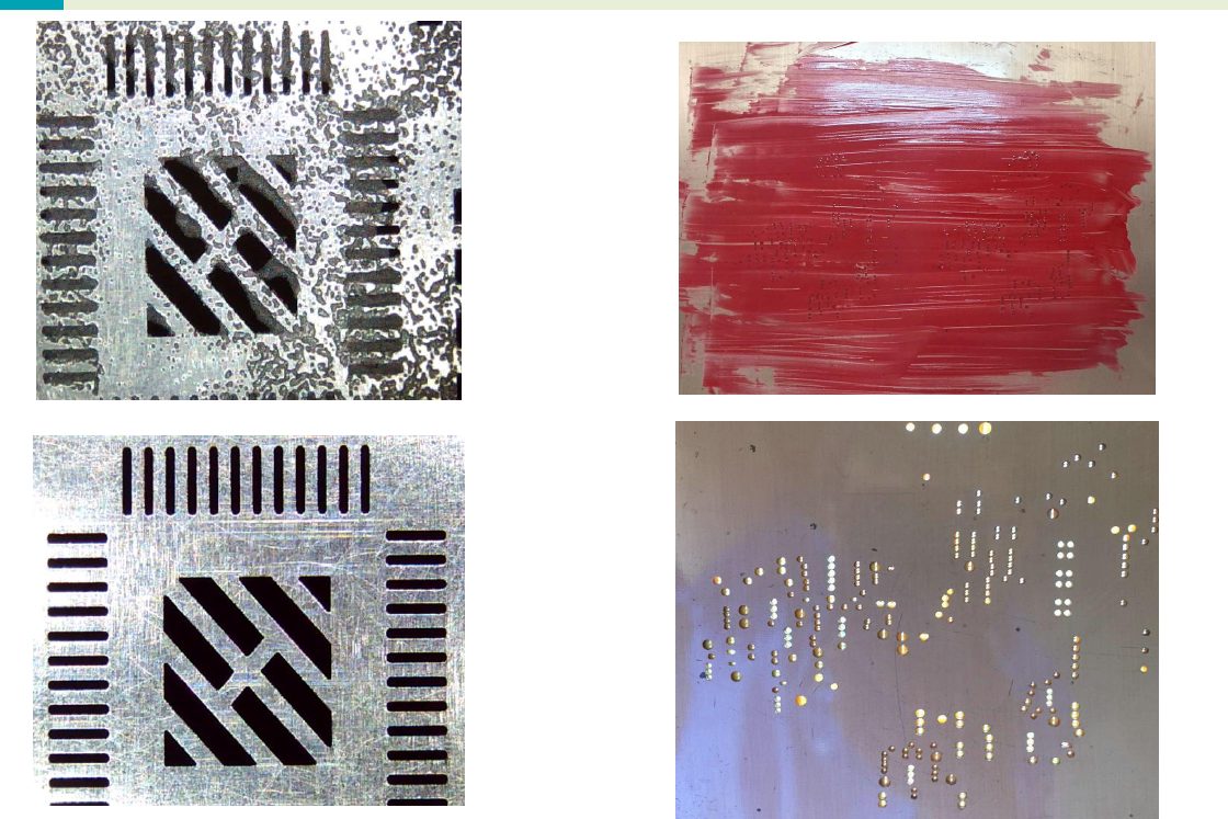 SMT stencil cleaning result before and after at 100x for solder paste and red glue copper stencils
