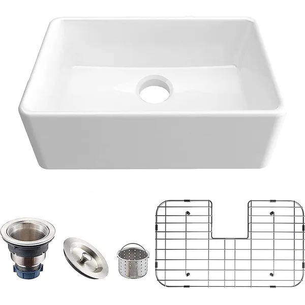 Ceramic Farmhouse Sink 23.6 inch,33x18 Apron Front Fireclay Farmhouse Sink,Undermount White Kitchen Sink,Single Bowl Undermount Workstation Sink with Accessories