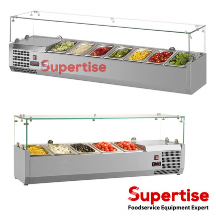 Supertise Countertop Condiment Refrigerated Prep Station, Pizza and Salad prep table with Glass Sneeze Guard