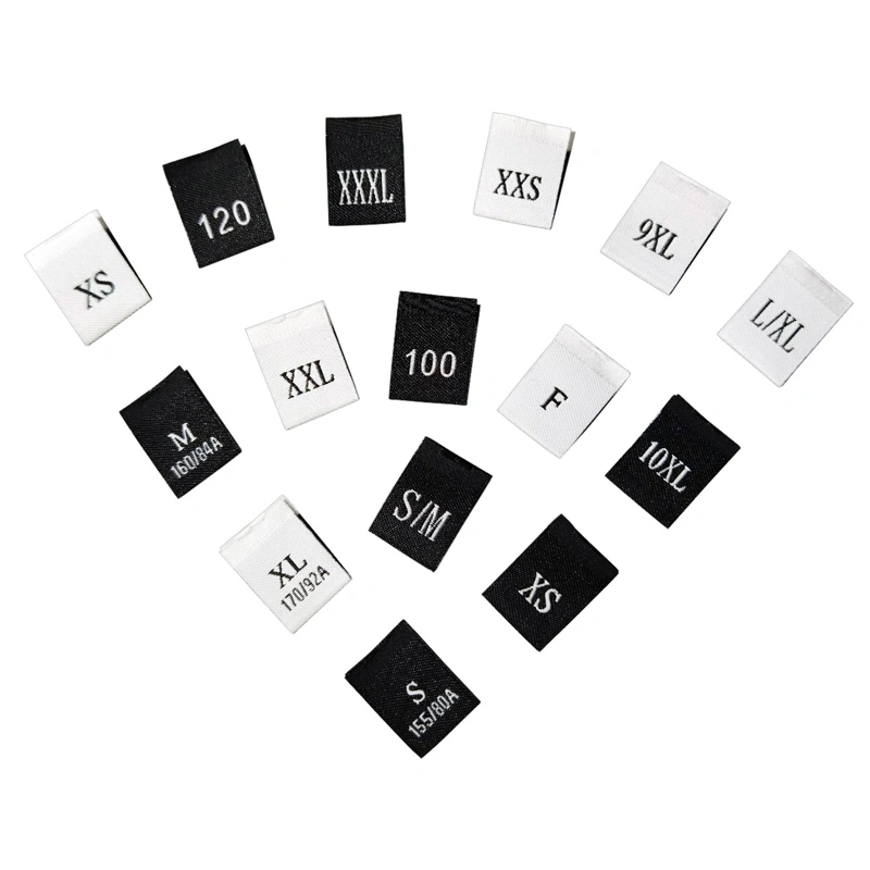 тканые лейблы на шее, тканые лейблы с размерами 