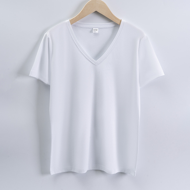 High quality 190g 100%mercerized cotton silky V neck women's t shirt