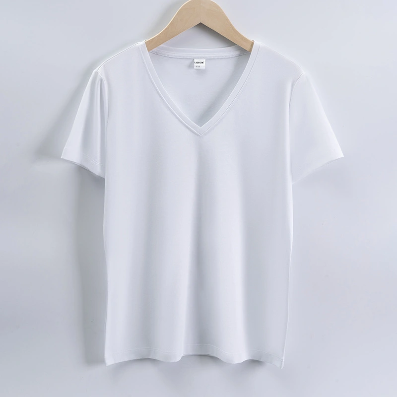 High quality 190g 100%mercerized cotton silky V neck women's t shirt