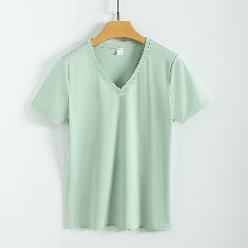 High quality 190g 100%mercerized cotton silky V neck women's t shirt
