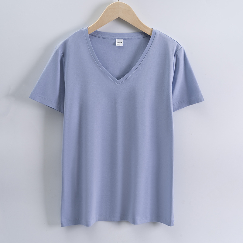High quality 190g 100%mercerized cotton silky V neck women's t shirt