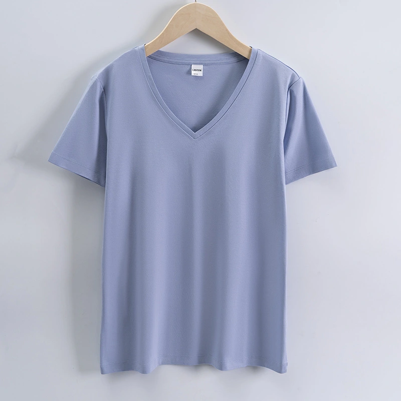 High quality 190g 100%mercerized cotton silky V neck women's t shirt