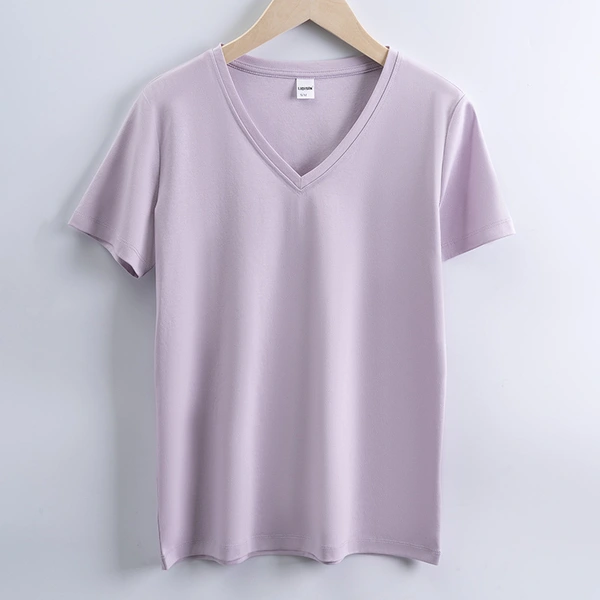 High quality 190g 100%mercerized cotton silky V neck women's t shirt