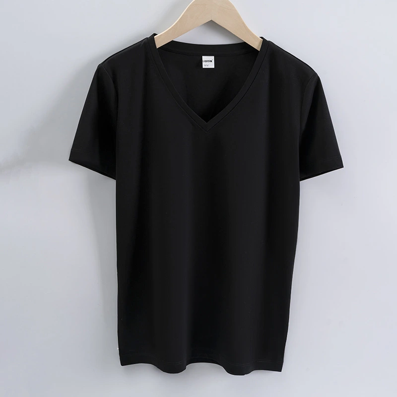 High quality 190g 100%mercerized cotton silky V neck women's t shirt
