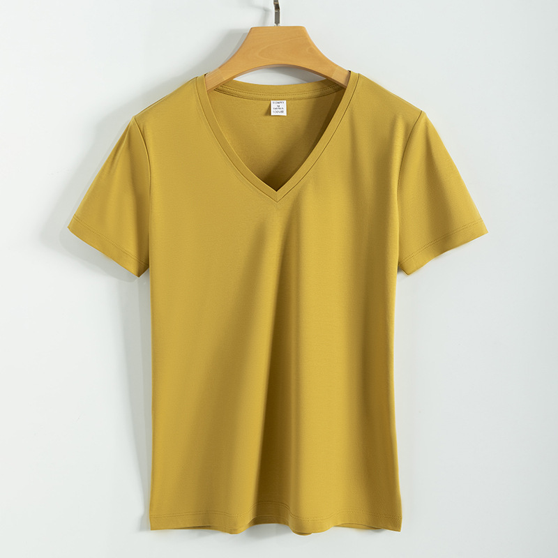 High quality 190g 100%mercerized cotton silky V neck women's t shirt