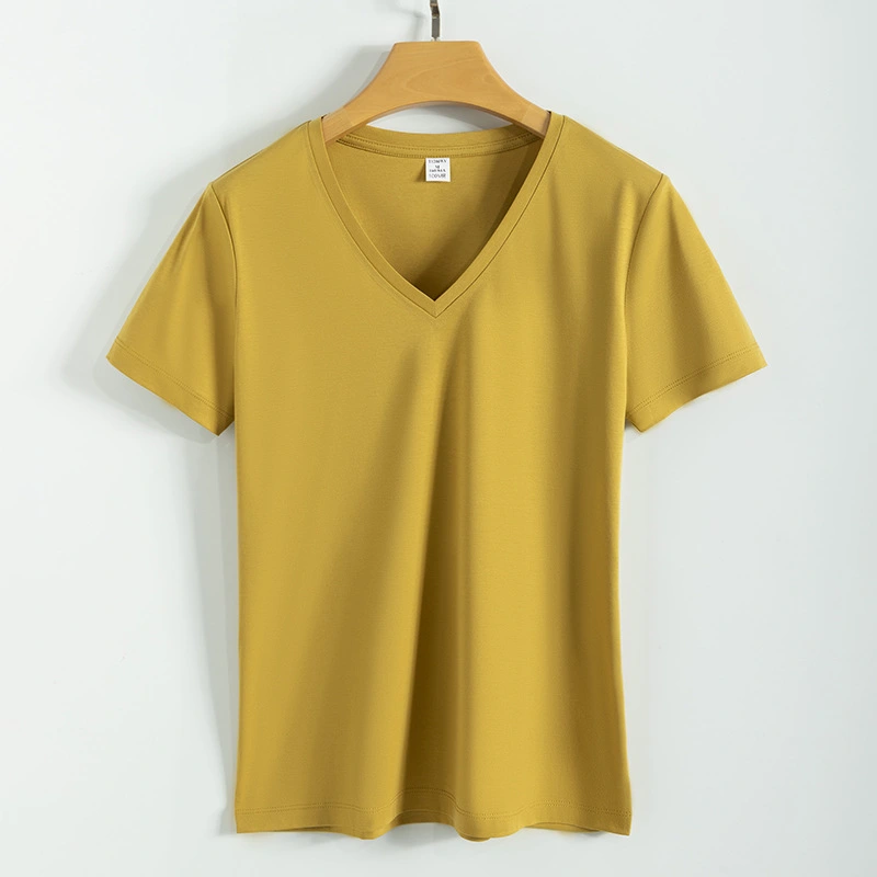 High quality 190g 100%mercerized cotton silky V neck women's t shirt