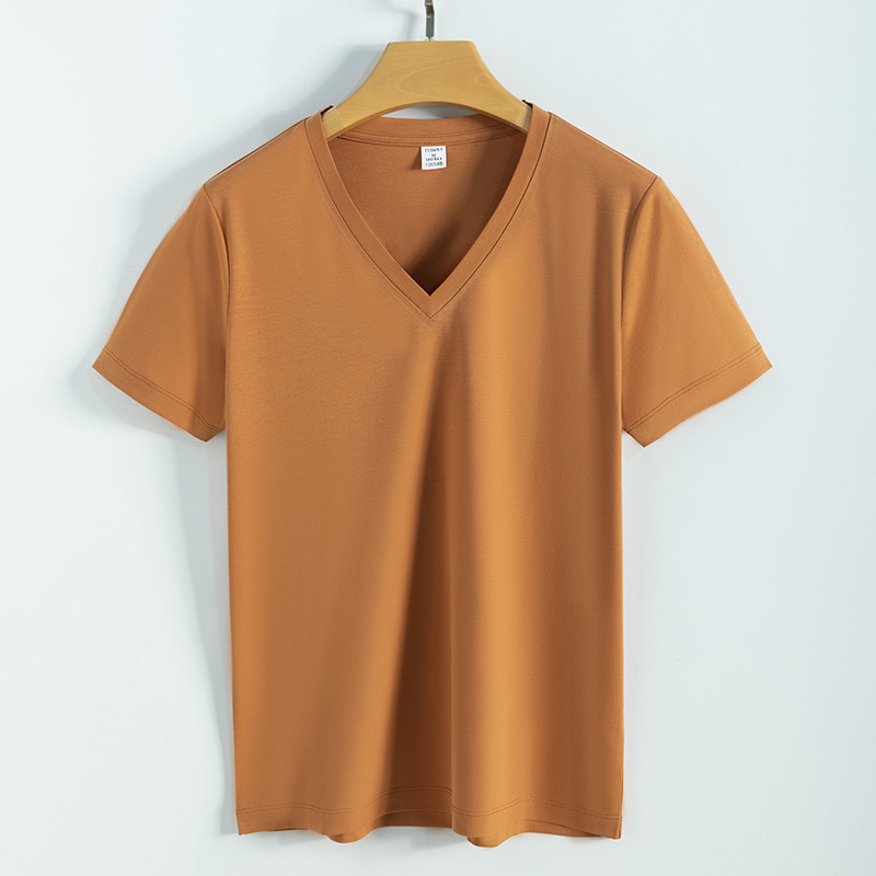 High quality 190g 100%mercerized cotton silky V neck women's t shirt