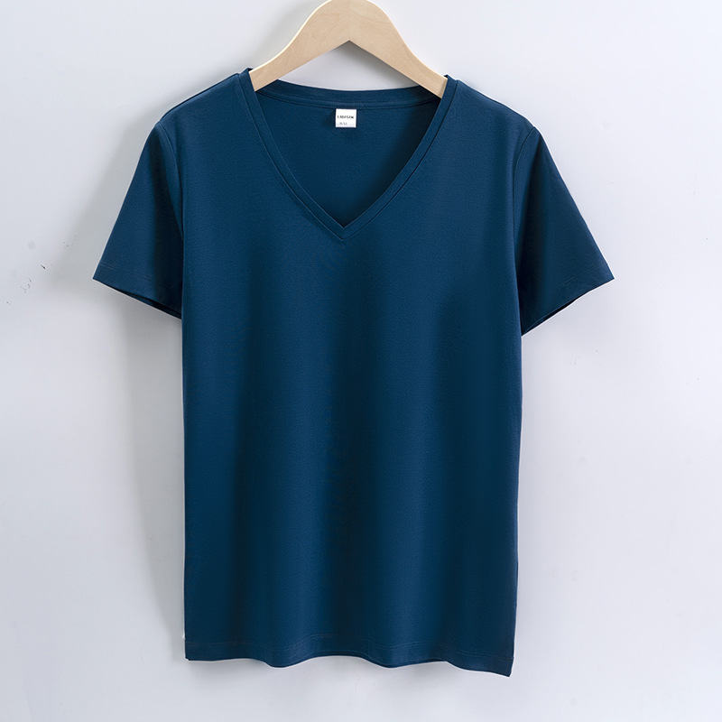 High quality 190g 100%mercerized cotton silky V neck women's t shirt