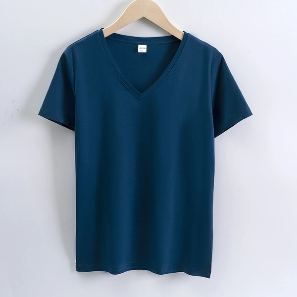 High quality 190g 100%mercerized cotton silky V neck women's t shirt