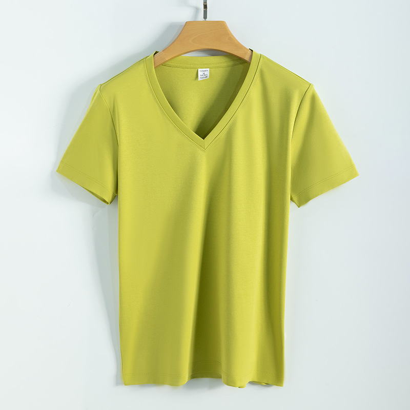 High quality 190g 100%mercerized cotton silky V neck women's t shirt