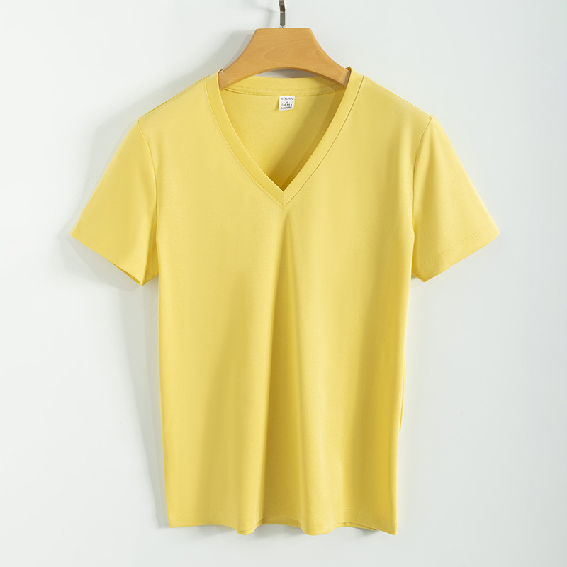 High quality 190g 100%mercerized cotton silky V neck women's t shirt