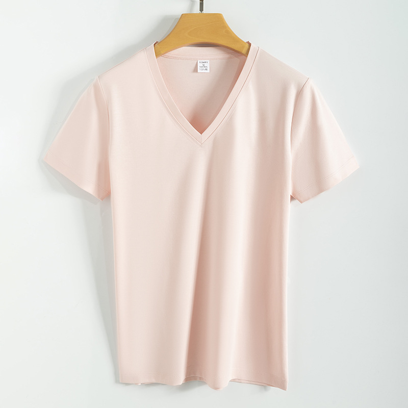 High quality 190g 100%mercerized cotton silky V neck women's t shirt