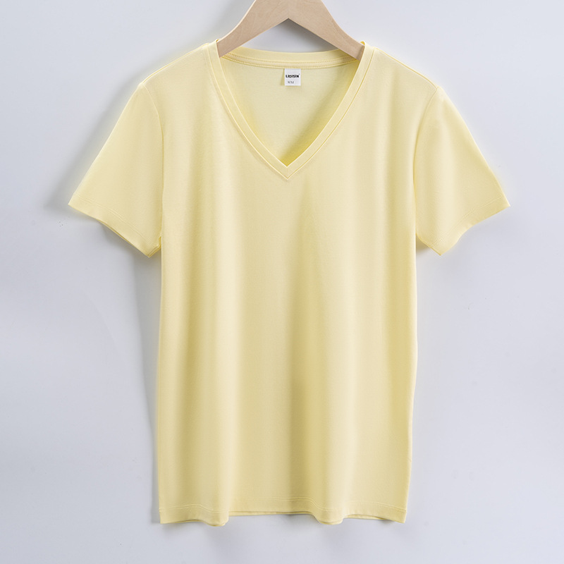 High quality 190g 100%mercerized cotton silky V neck women's t shirt