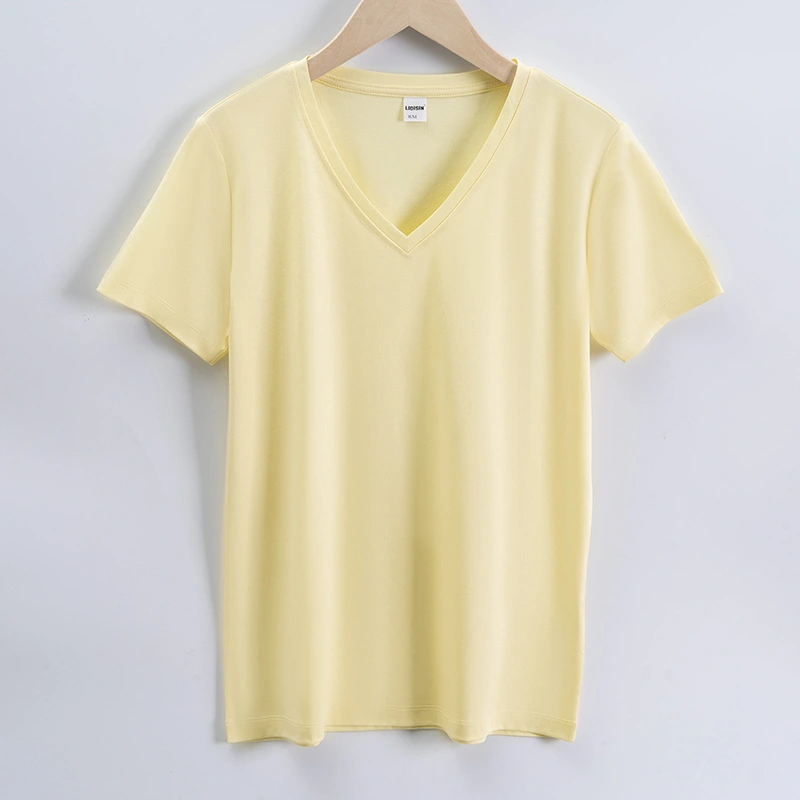 High quality 190g 100%mercerized cotton silky V neck women's t shirt