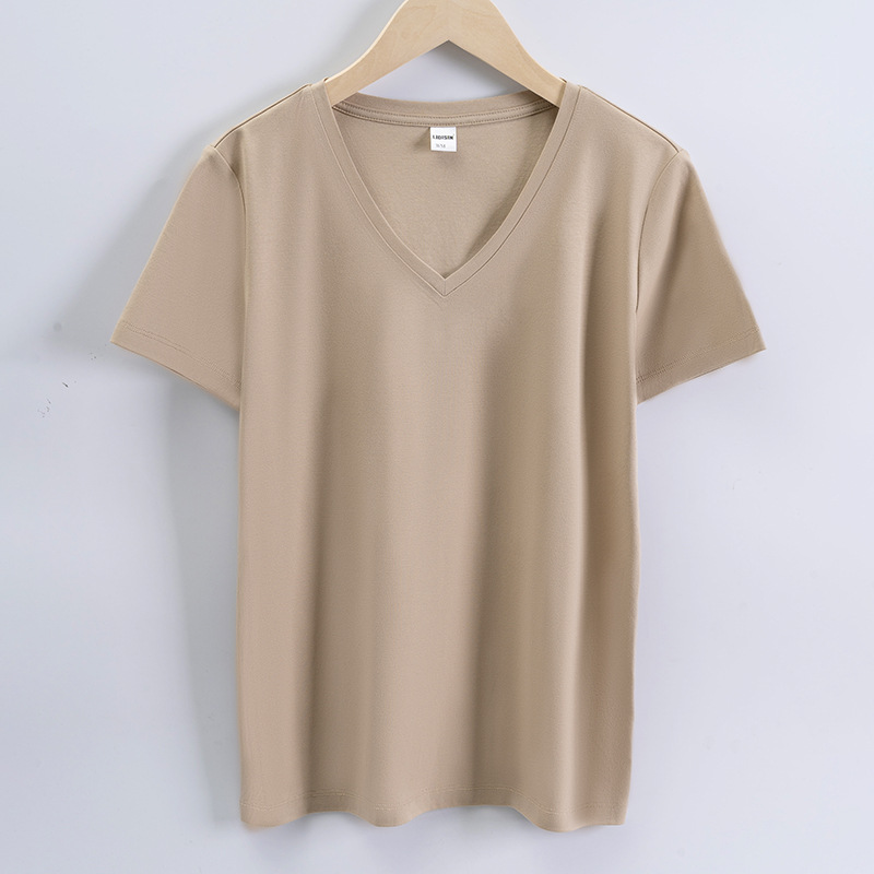 High quality 190g 100%mercerized cotton silky V neck women's t shirt