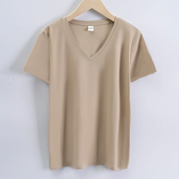 High quality 190g 100%mercerized cotton silky V neck women's t shirt