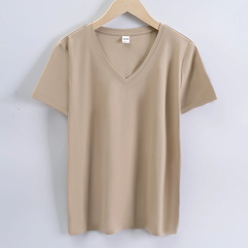 High quality 190g 100%mercerized cotton silky V neck women's t shirt