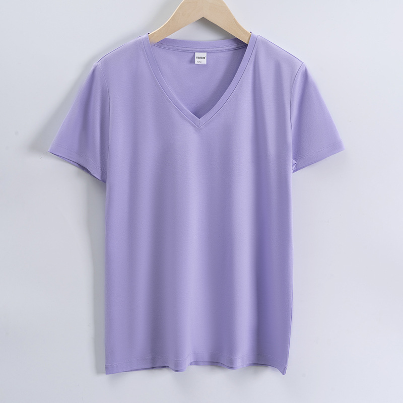 High quality 190g 100%mercerized cotton silky V neck women's t shirt