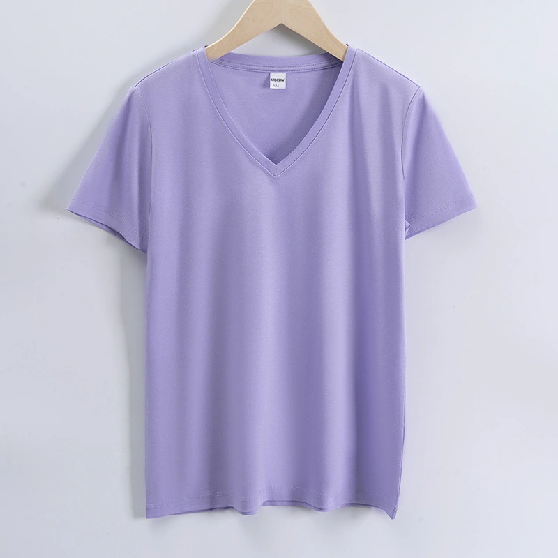 High quality 190g 100%mercerized cotton silky V neck women's t shirt