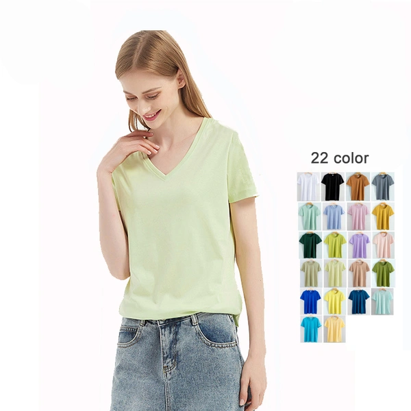 High quality 190g 100%mercerized cotton silky V neck women's t shirt