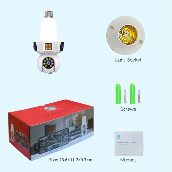 Камера v380pro з лампою e27 - 3-мегапіксельна HD, кольорове нічне бачення 360° та огляд на 3 екранах