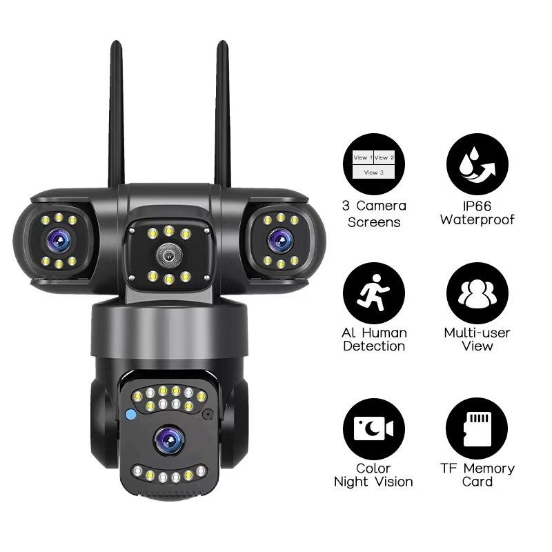 Smart Outdoor Surveillance - V380Pro HD, 3-Lens Coverage & PIR Motion Alerts