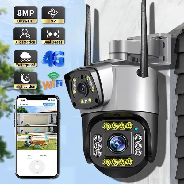 v380pro 8-мегапіксельна двооб'єктивна камера зі штучним інтелектом - 4g/Wi-Fi, відстеження 360° та водонепроникна безпека на вулиці