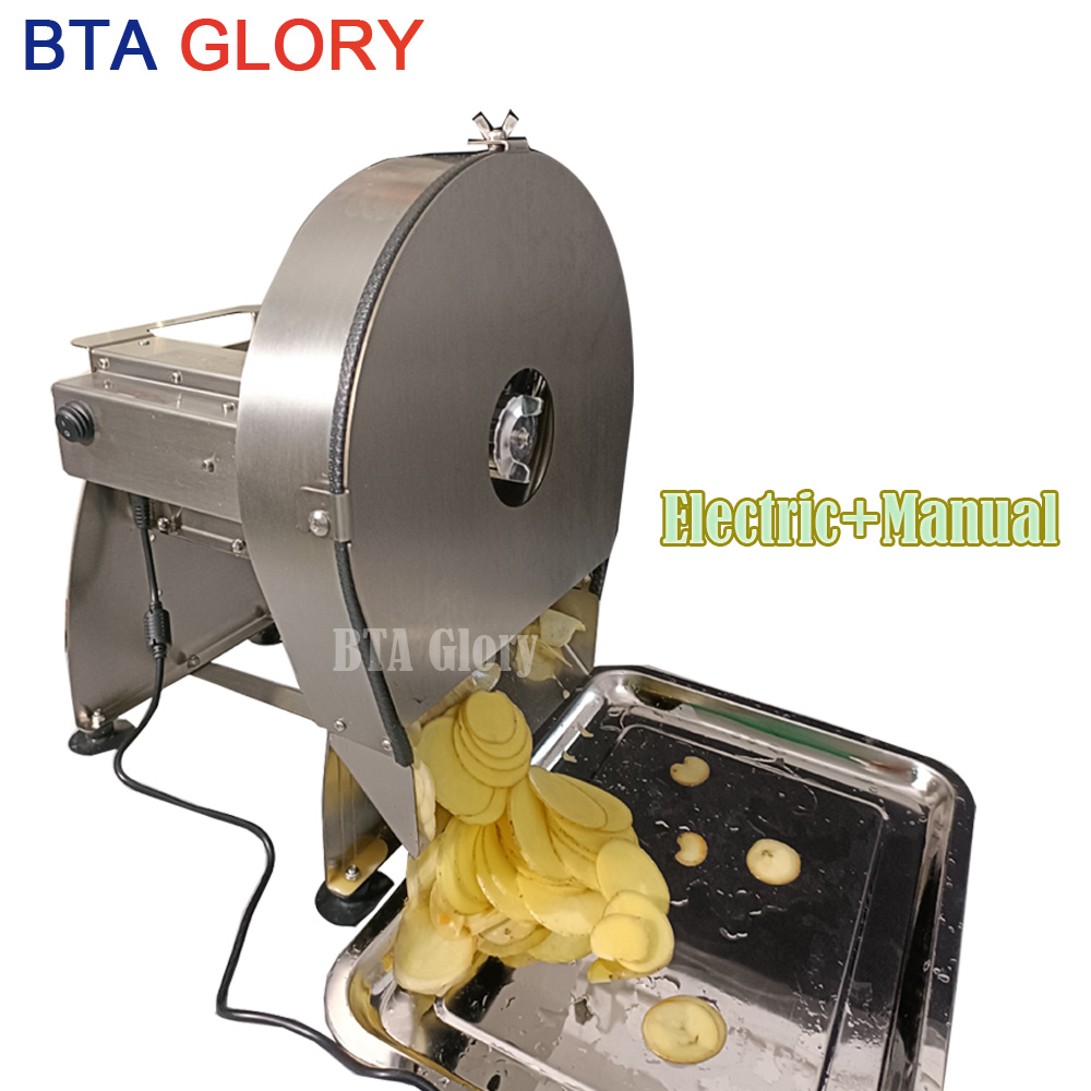 Trancheuse à Chips Électrique/Manuelle - Lame Acier Inox, Épaisseur 0-12 Mm, Bac 22x10cm - Pour Pommes De Terre, Légumes, Fruits - 10