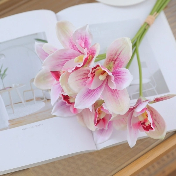 Hot design 6 heads lifelike artificial arrangement cymbidium orchid flower bouquet for bride holding flower home decoration