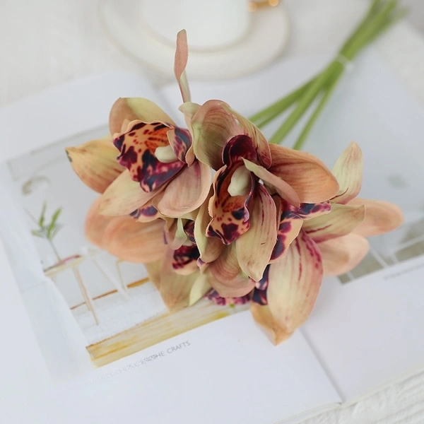 Hot design 6 heads lifelike artificial arrangement cymbidium orchid flower bouquet for bride holding flower home decoration
